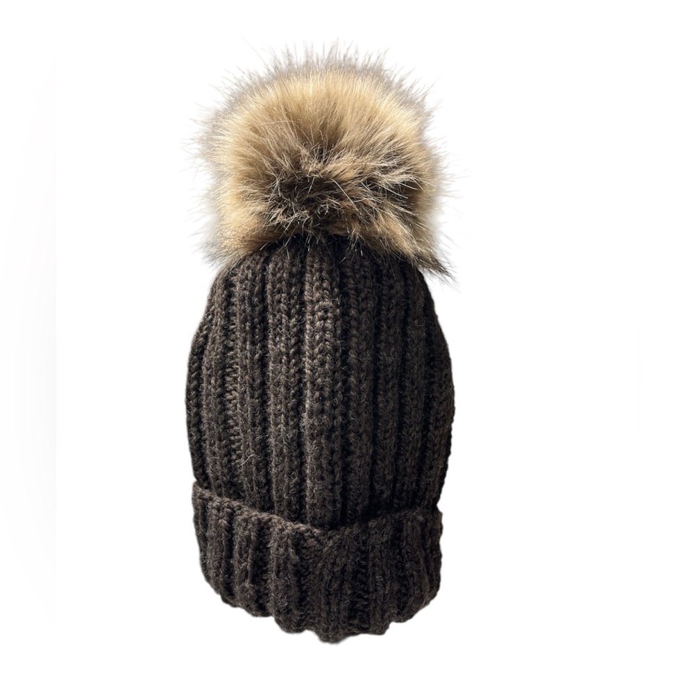 Unisex Knitted hat. Handmade, hand crafted, wool, acrylic, Pom Pom, brown, trend